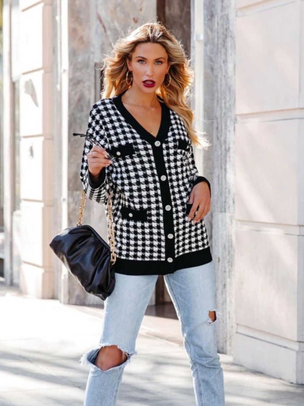 VICI Black White Houndstooth Jeweled Button Cardigan Large
